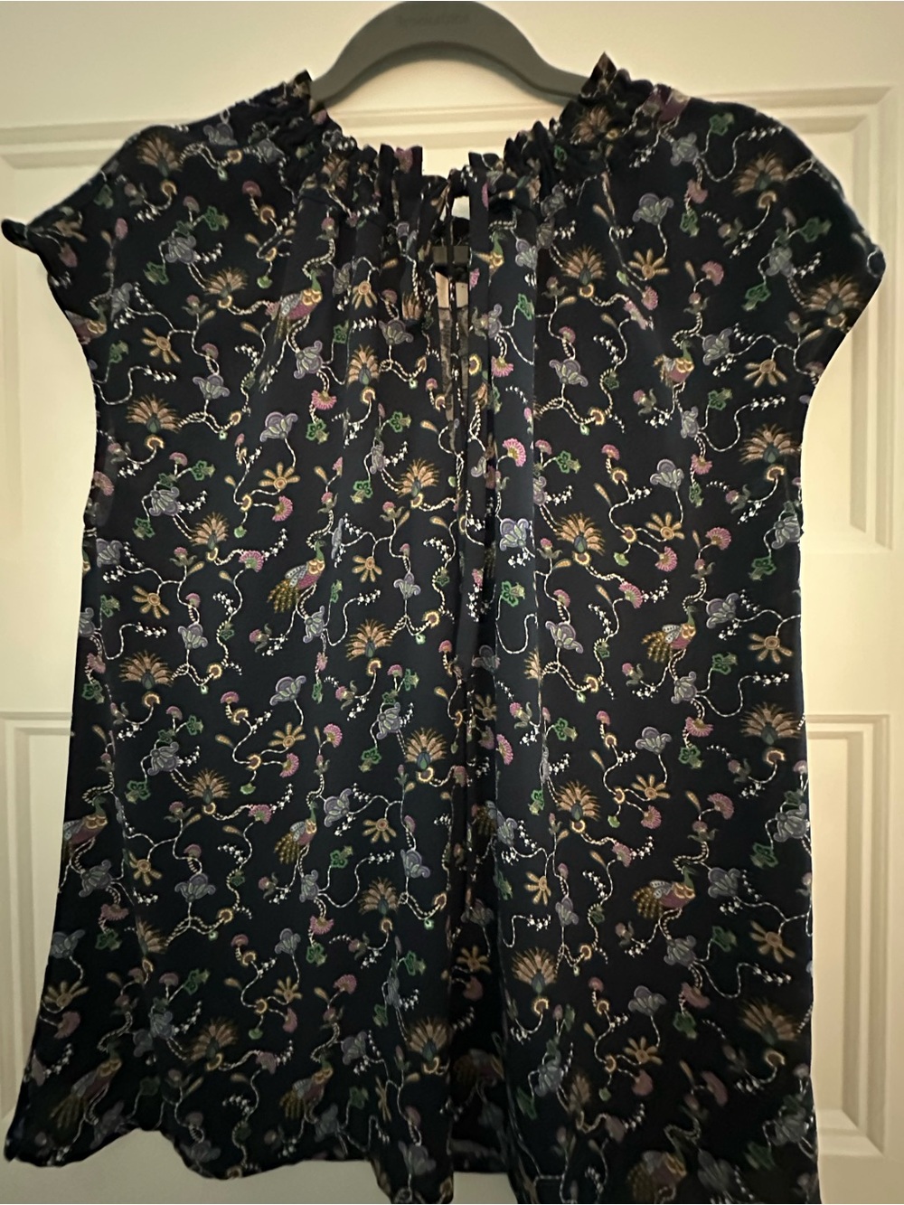 LOFT Navy Floral Tie-Waist Blouse with Purple & Green Accents